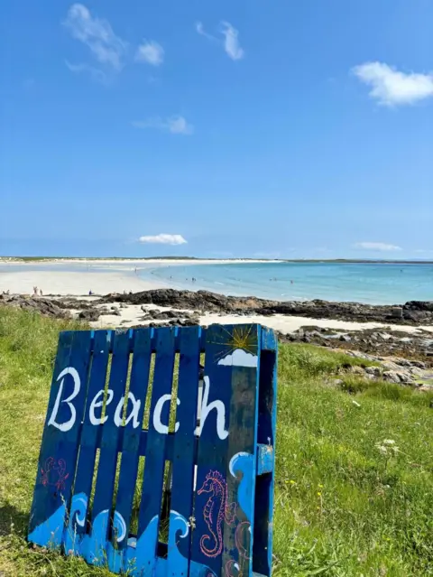 Ryan Seath Blue sign with the word beach painted on it standing above a bright summer shoreline.