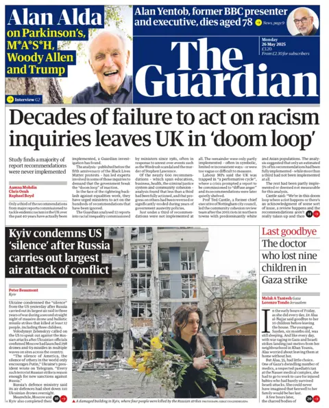 The Guardian headline reads: Decades of failure to act on racism inquiries leaves UK in 'doom loop'