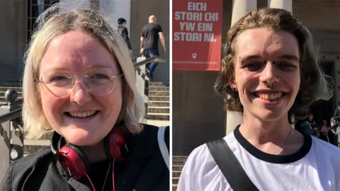 Gwennan Davies and Joseph Leeds, two visitors to the National Museum in Cardiff, pictured outside