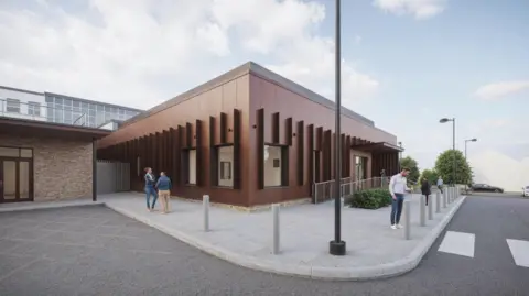 Lumion A CGI photo of the new Good Hope Hospital UTC. It is a brown building and the pavement is grey. The road is also grey. 