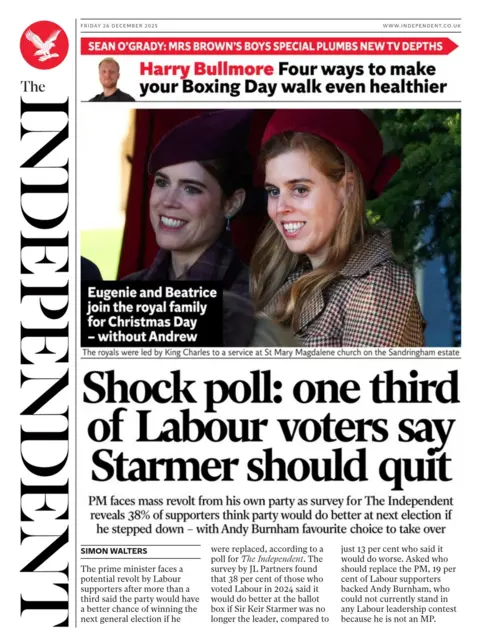 The Independent's front page headline is "Shock poll: one third of Labour voters say Starmer should quit"
