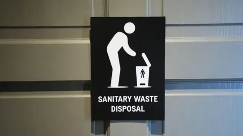 Prostate Cancer UK A sign reading "Sanitary waste disposal" with an illustration of a person using a bin.