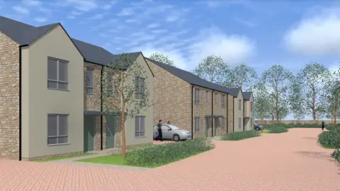 A computer generated image of what the new homes would look like. They are whitewashed brick buildings with side driveways and green spaces in front of the front doors