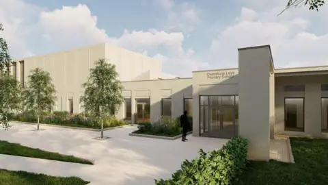 West Northamptonshire Council Drawing of new schoool, showing paths lined by hedges with trees and single storey building with glass frontage to part of the front elevation.