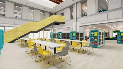 A CGI image of how the courtyard in the new library will look. It shows a study area with a space for about 30 people, bookshelves and a covered stair area up to the first floor.