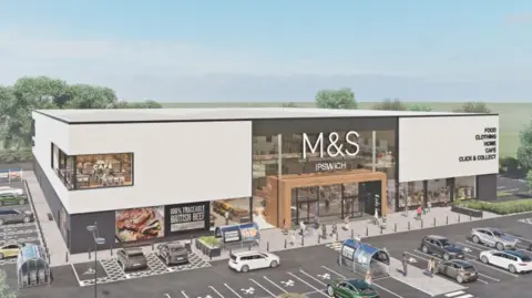 An artist's impression of what the new M&S store at the Copdock Interchange could look like. It shows a large square white building with the M&S logo on the front on a large window. A car park sits in front of the store.