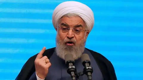 AFP Iranian President Hassan Rouhani gives a speech in the city of Tabriz (25 April 2018)