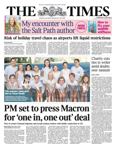 BBC "PM set to press Macron for 'one in, one out' deal," is the headline on the front page of the Times.