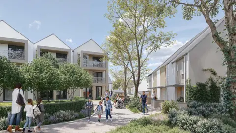 Axis Mason and Dandara A CGI generated image of a housing development. The houses are white, with lots of green plants around them. CGI families and people in wheelchairs are shown using a walkway in between the houses.