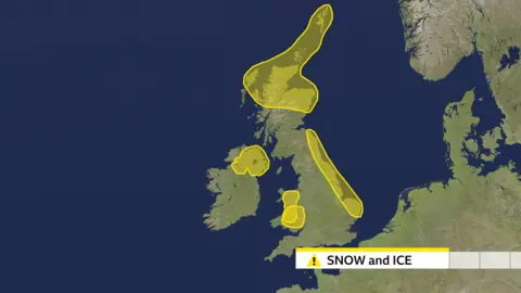 A map showing Met Office yellow weather warnings for snow and ice affecting parts of the UK from Tuesday evening into Wednesday. The map highlights Wales, the east coast of England and Northern Ireland.