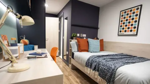 Tribeka A bedroom with a bed, desk and artwork on the wall