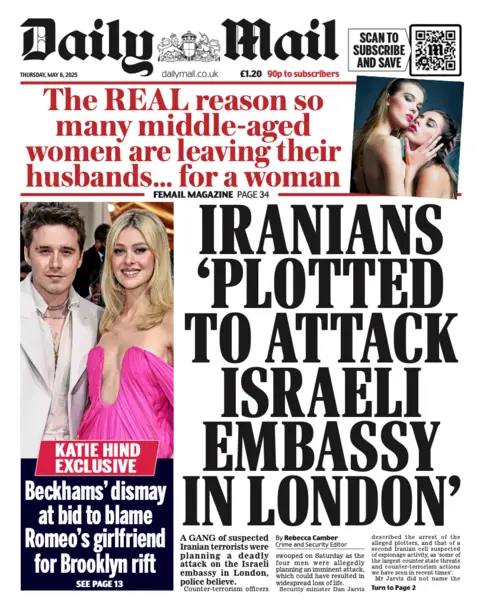 The Daily Mail front page.  The main headline reads "Iranians 'plotted to attack Israeli embassy in London".  Its picture story is about the Beckhams, it shows the son of David and Victoria, Brooklyn, pictured with his wife Nicola Peltz-Beckham above the headline "Beckhams' dismay at bid to blame Romeo's girlfriend for Brooklyn rift".  Brooklyn is wearing a pale suit with an open shirt while Nicola is wearing a bright pink dress.  