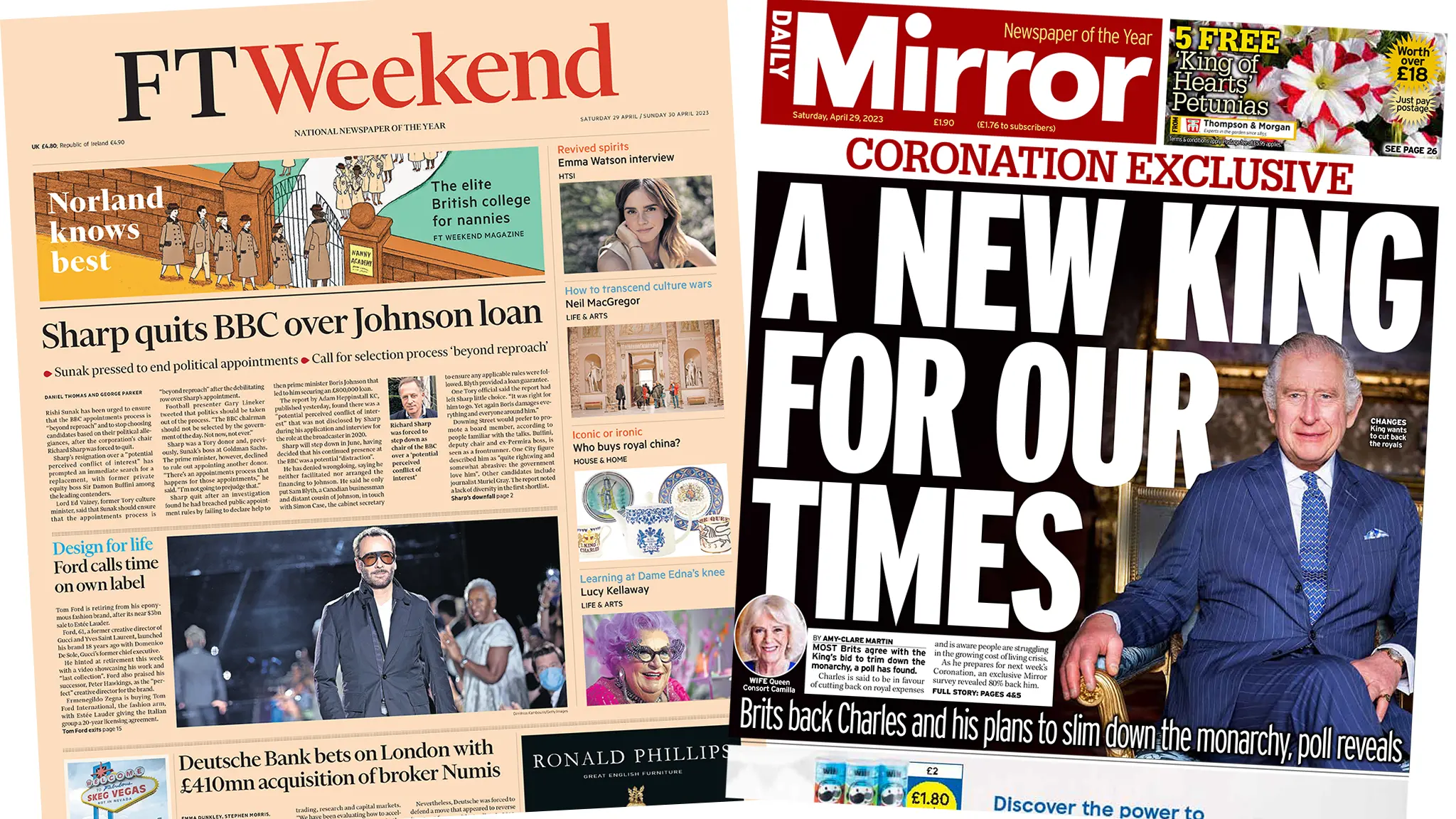 Front pages of the FT and the Mirror