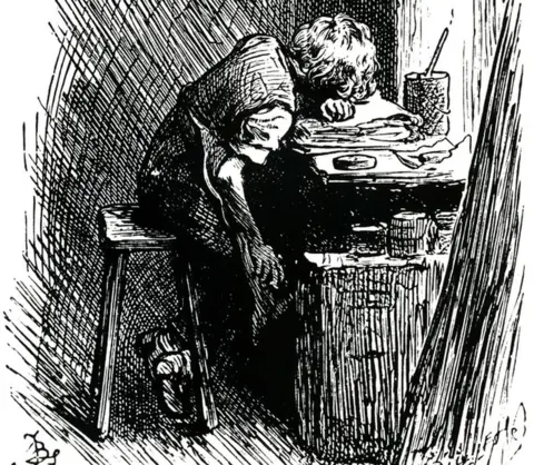 Charles Dickens Museum/Frederick Barnard Illustration of Charles Dickens working at Warren's blacking factory from The Leisure Hour magazine