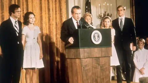 Getty Images Richard Nixon speaks at the White House shortly after his resignation.