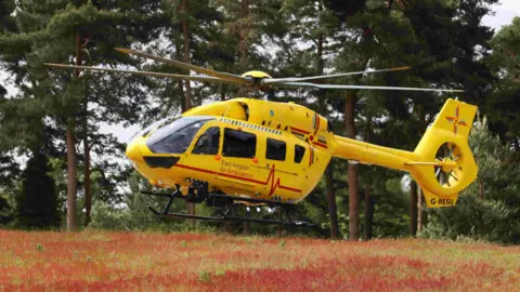 East Anglian Air Ambulance A yellow East Anglian Air Ambulance helicopter takes off from a field with red foliage and trees in the background.