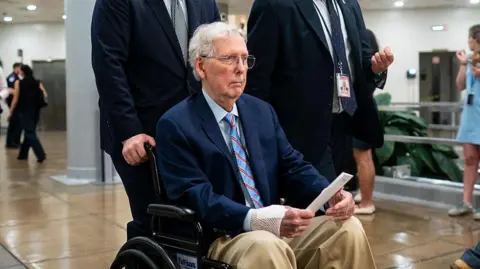Senator Mitch McConnell, a Republican from Kentucky, in the Senate Subway at the US Capitol in Washington, DC, US, on Tuesday, May 19, 2026. The Senate Budget Committee chairman said Republicans could use a future reconciliation bill to pass security funding for President Donald Trump's ballroom project if they can't tweak the current measure to pass procedural muster. 