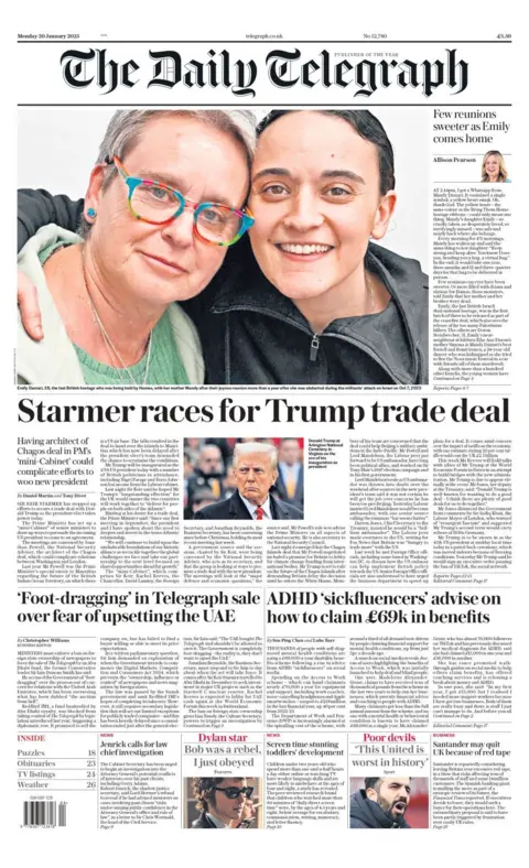 The front page of the Daily Telegraph reads: "Starmer races for Trump trade deal". 