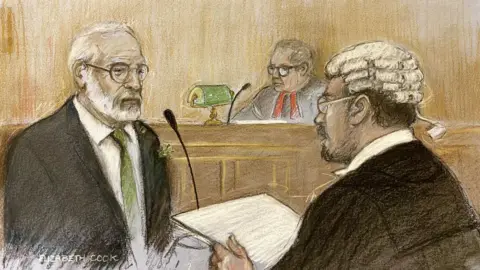 PA Media A court sketch of Gerry Adams in a suit with white hair and glasses on the stand being asked questions by a man in a powdered wig.