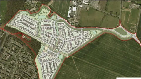 FD Atwood And Partners An architectural image shows a proposed development on farmland from an aerial view.