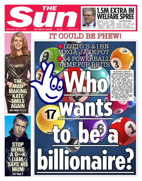"Who wants to be a billionaire?" reads the headline on the front page of the Sun.
