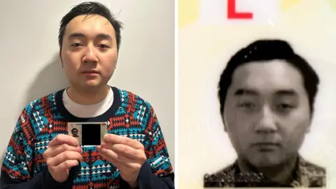 BBC/DVLA A composite image shows Yin Cheong William Shen holding up his provisional driving licence in the left picture, while the right picture shows the photo on his licence. The images are similar but not identical.