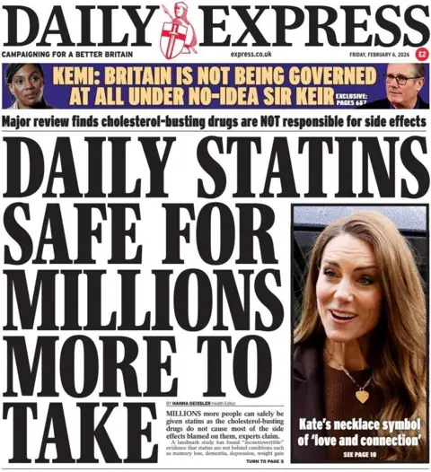 "Daily statins safe for millions more to take" reads the headline on the front page of the Daily Express.