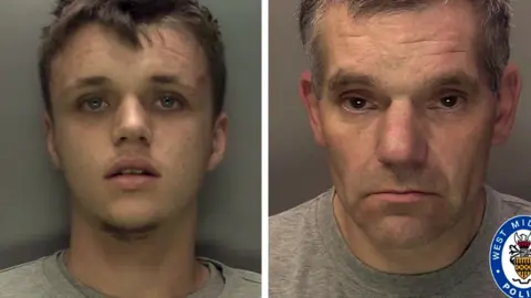 West Midlands Police Police mugshots of two men wearing grey T-shirts, against grey backdrops. The man on the left is in his early 20s and has short brown hair and blue eyes. The man on the right is greying and has brown eyes.