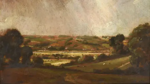 Tennants Auctioneers A painting of a British countryside landscape done with greens, browns and greys.