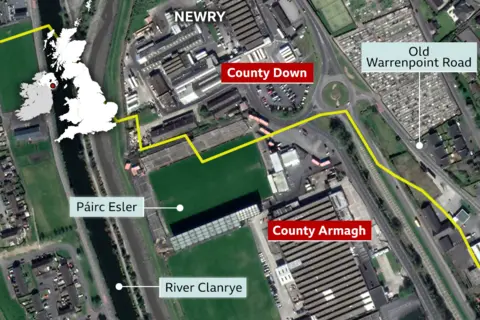 A map shows the border county line dissecting the Páirc Esler stadium in Newry