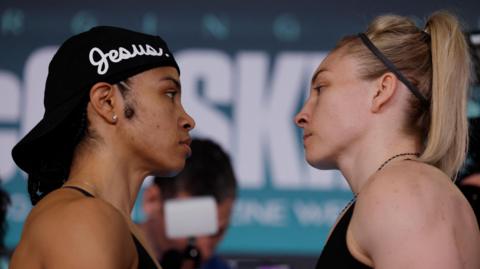 Jessica McCaskill faces off with Lauren Price at a weigh-in