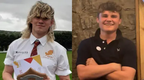 Fatal car crash victims Liam Shears and Alfie Abbott. Liam is wearing a white Okehampton Rugby Football Club shirt with a red tie and is holding a certificate and trophy. He has long blonde hair down to his shoulders. Alfie is standing with his arms crossed across his chest while wearing a black polo shirt