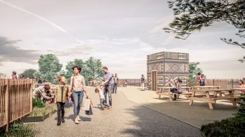 Chester Zoo An artists drawing of adults and children walking on a footpath beside African-themed fences, with wooden benches to the right of the picture