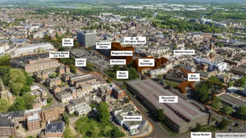 West Northamptonshire Council Aerial view of the Greyfriars site, labelling the key landmarks involved