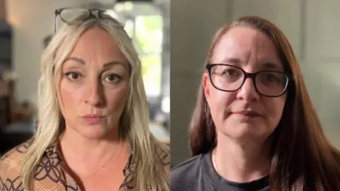 Emma Glasbey/BBC Two side-by-side portrait photos. Left is a blond woman with glasses on her head. Right is a woman with auburn hair and wearing glasses. Both have a neutral expression.
