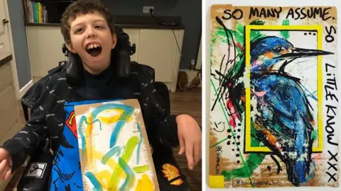 Noah Jones with a painting in his lap. He is smiling at the camera. In the same frame but next to the photo of Noah is the finished painting. It is of a bird and in black, around the edge, is written 'Many assume, so little know' 