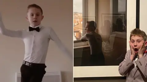 A split screen of Abe. On the left he is dancing and on the right he is near his portrait wearing a surprised expression.