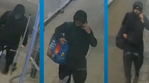 A tryptich of images of a person in a black outfit with one image showing him carrying a blue bag while on the phone. 