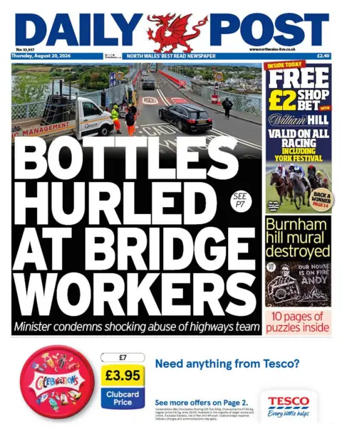 Daily Post Daily Post front page with the headline bottles hurled at bridge workers and an image of the bridge with cars and workers on it.