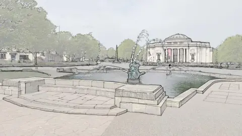 PSVT CGI of restored fountain and pond in Port Sunlight