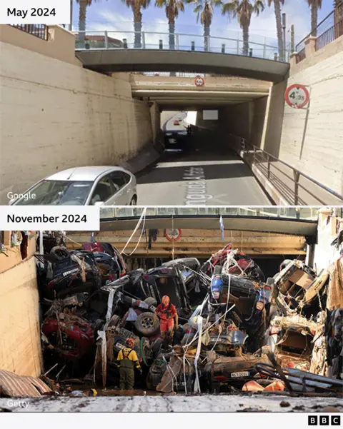 Google/Getty/BBC A comparison image showing a tunnel with a glass bridge in May 2024 and the same tunnel in November 2024 blocked by piled-up cars