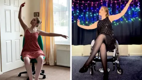 PA Media Fay Crockett is pictured on the left sat on a chair in a ballet pose she is wearing a simple red dress and tights. In the right image she is dressed in a sparkly black dress and is seated in ballet pose in a wheelchair