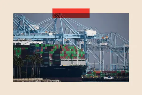 Getty Images Cargo shipping containers sit on a container ship docked at a container terminal at the Port of Los Angeles, California 