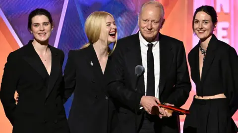 Getty Images Inga Ibsdotter Lilleaas, Elle Fanning, Stellan Skarsgård, and Renate Reinsve accept Best Intergen/Foreign for 