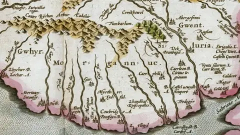 Getty Images Detail of an engraved map from the 17th century showing Llanilltud, or Llantwyth Major, on the tip of the south coast of Wales.