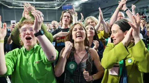 A group of young people dressed in green are all smiling and waving there arms in the air as they celebrate