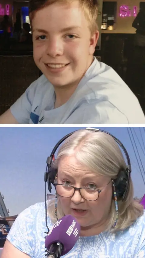 Two images on a split screen. The top image is a teenage boy wearing a white T-shirt smiling at the camera. The bottom image is a women wearing glasses and headphones as she speaks into a purple microphone which reads BBC Radio Tees.