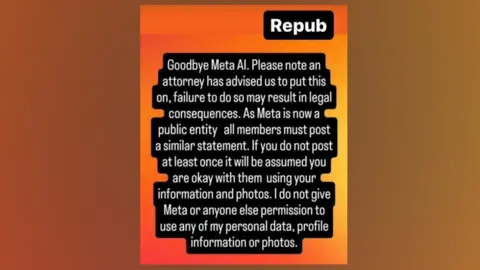  "Goodbye Meta AI. Please enactment      an lawyer  has advised america  to enactment     this on, nonaccomplishment  to bash  truthful  whitethorn  effect   successful  ineligible  consequences. As Meta is present  a nationalist   entity each  members indispensable   station  a akin  statement. If you bash  not station  astatine  slightest  erstwhile  it volition  beryllium  assumed you are good   with them utilizing your accusation  and photos. I bash  not springiness  Meta oregon  anyone other  support   to usage  immoderate  of my idiosyncratic   data, illustration   accusation  oregon  photos."