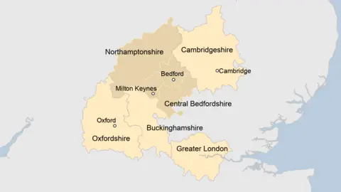 Map showing Oxford to Cambridge Pan-Regional Partnership area