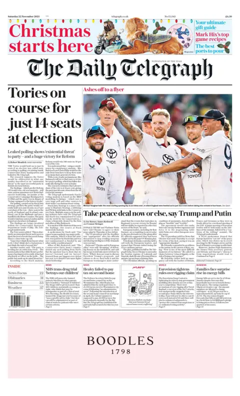 The headline on the front page of the Daily Telegraph reads: "Tories on course for just 14 seats at election". 